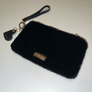 NEW BeBe Top Zip Wristlet Black Furry Hand Bag / Makeup RV $39
